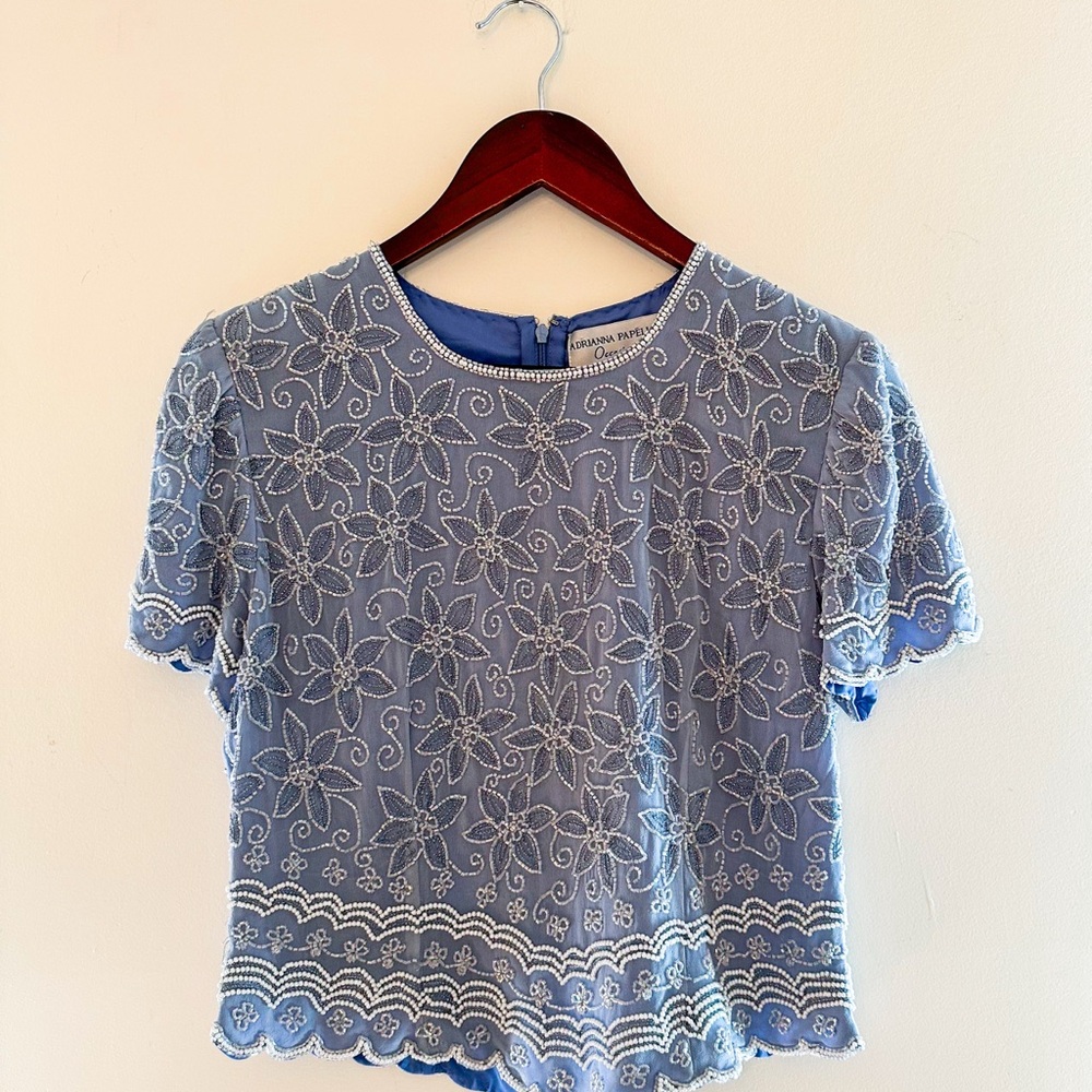 Vintage Adrianna Papell Light Blue Shortsleeve Beaded Silk Blouse